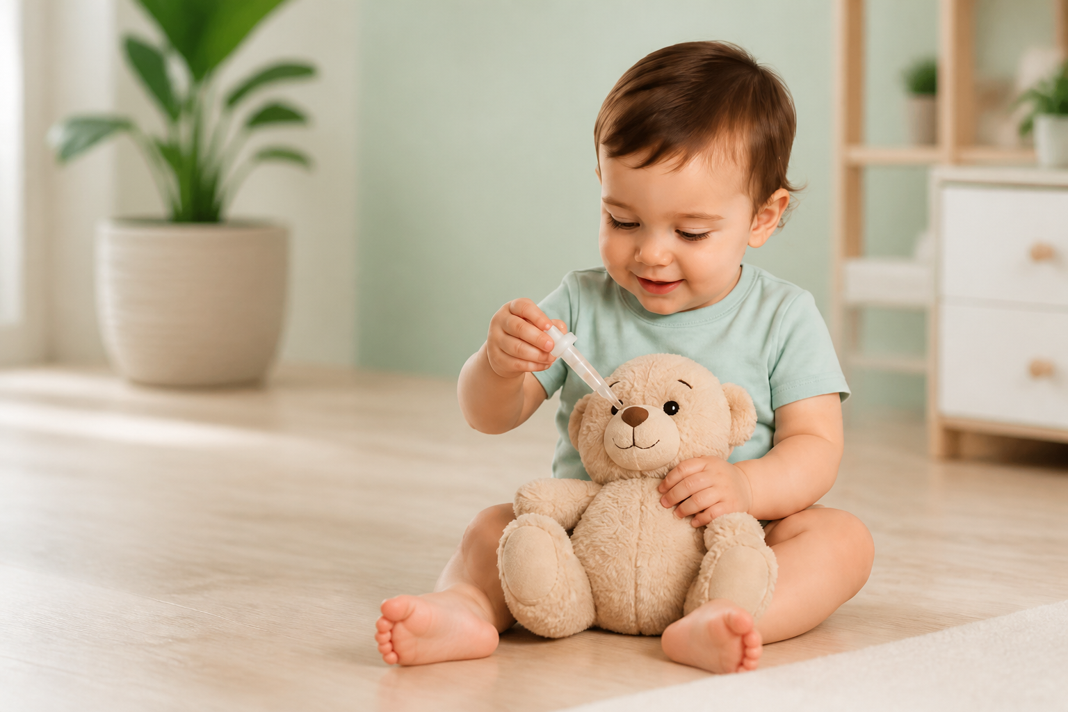 Bebé a brincar a dar medicamento com seringa a um ursinho de peluche