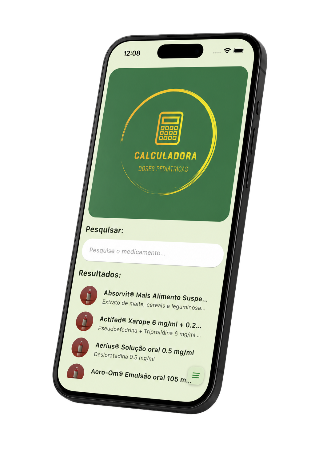 Telemóvel com a app Calculadora de Doses Pediátricas — pesquisa de medicamentos